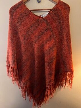Cabi Orange/Black Blended Knit Fringe Sweater Poncho--One Size